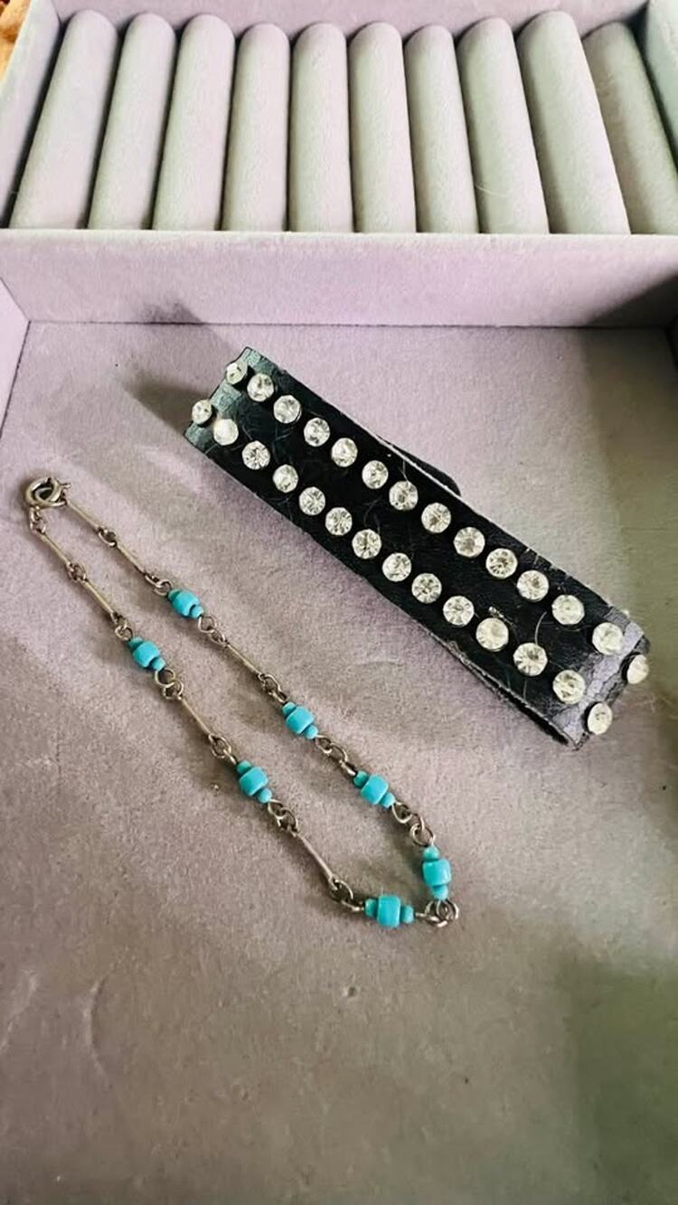 Rhinestone Studded Leather Bracelet and Beaded Chain Bracelet Set